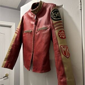 Replay Red and Tan Leather Racing Jacket with Patch Details